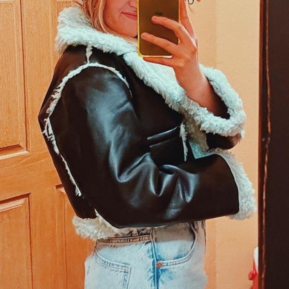 ASOS Black Fauxā Leather & Mint Shearling Cropped Aviator Jacket - Picture 3 of 6